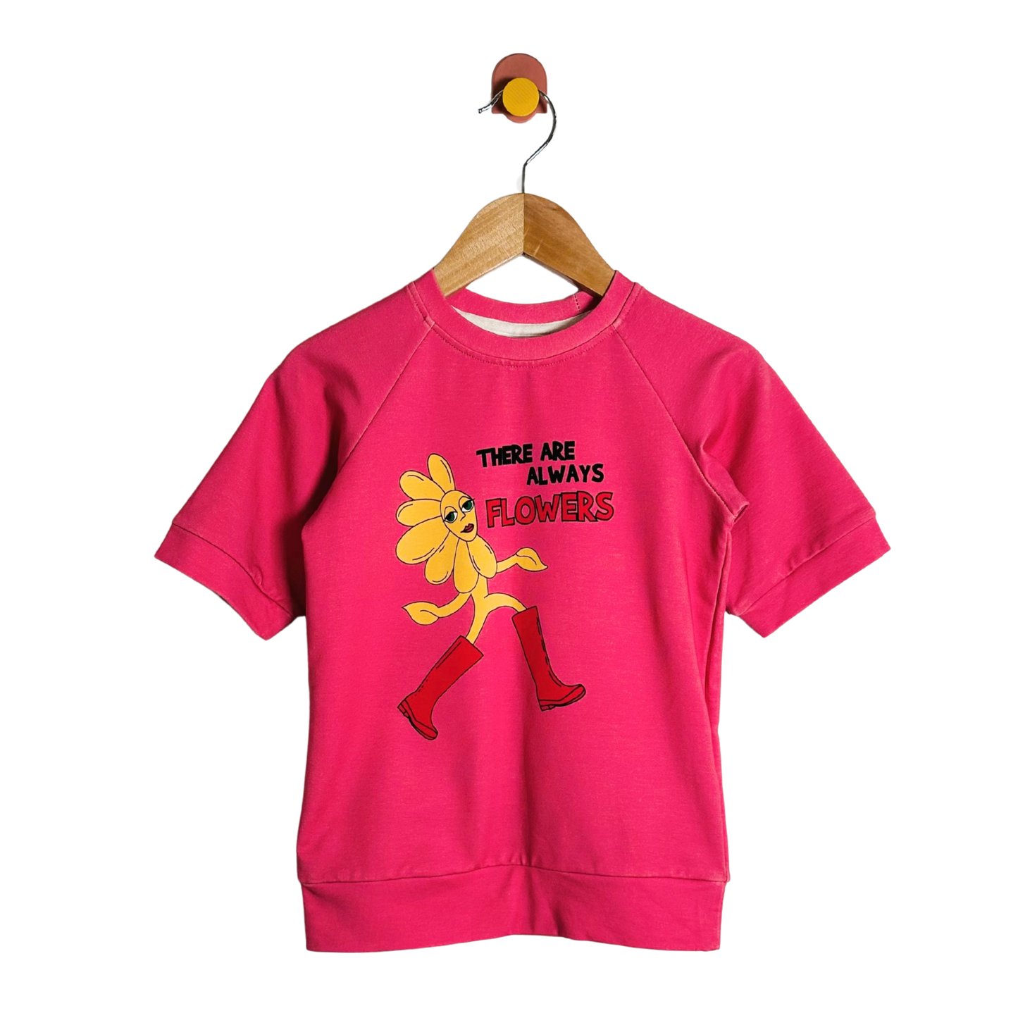 Pink sweatshirt with cartoon character and text on a white background