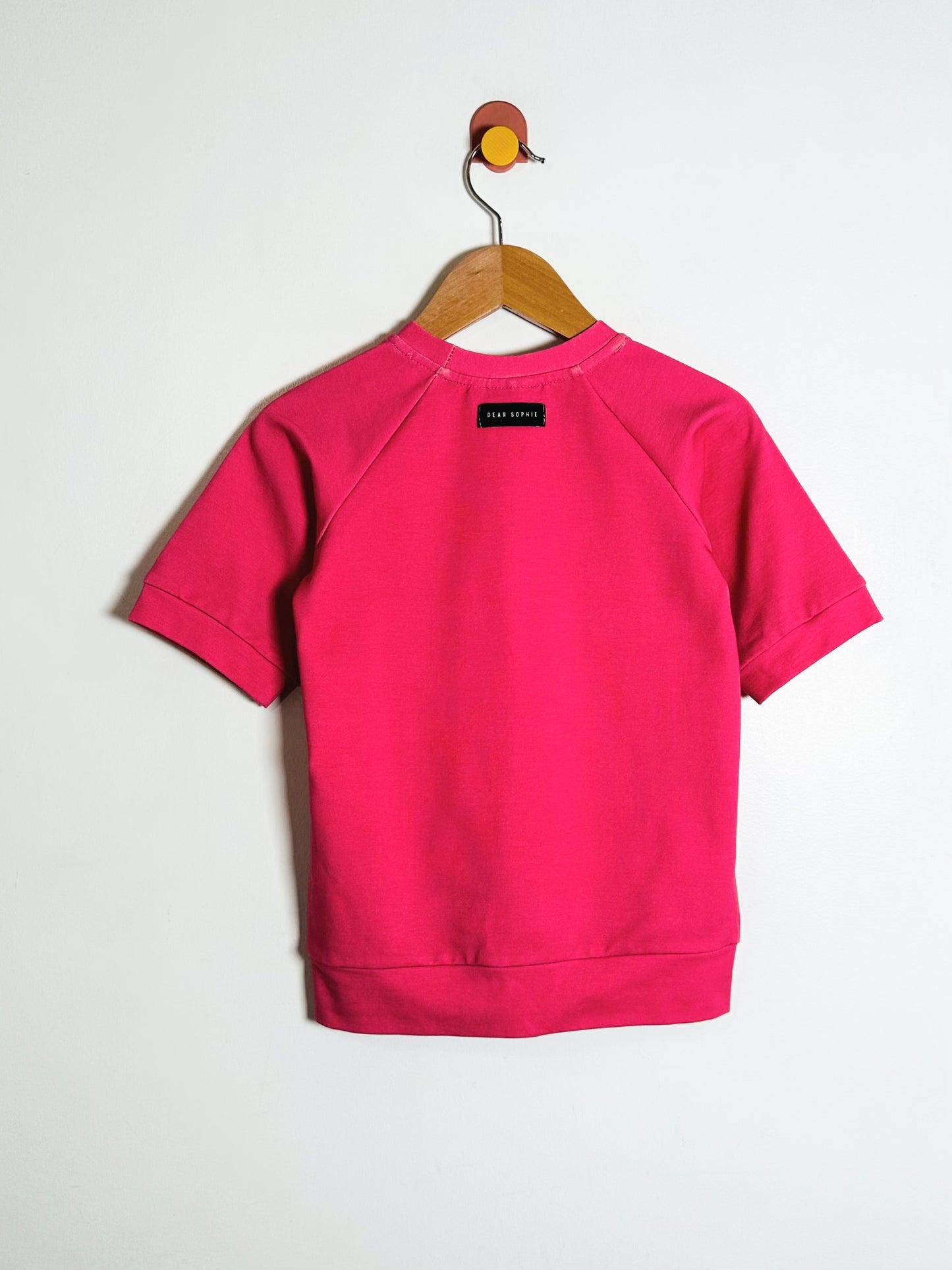 Pink sweatshirt on a hanger against a white background
