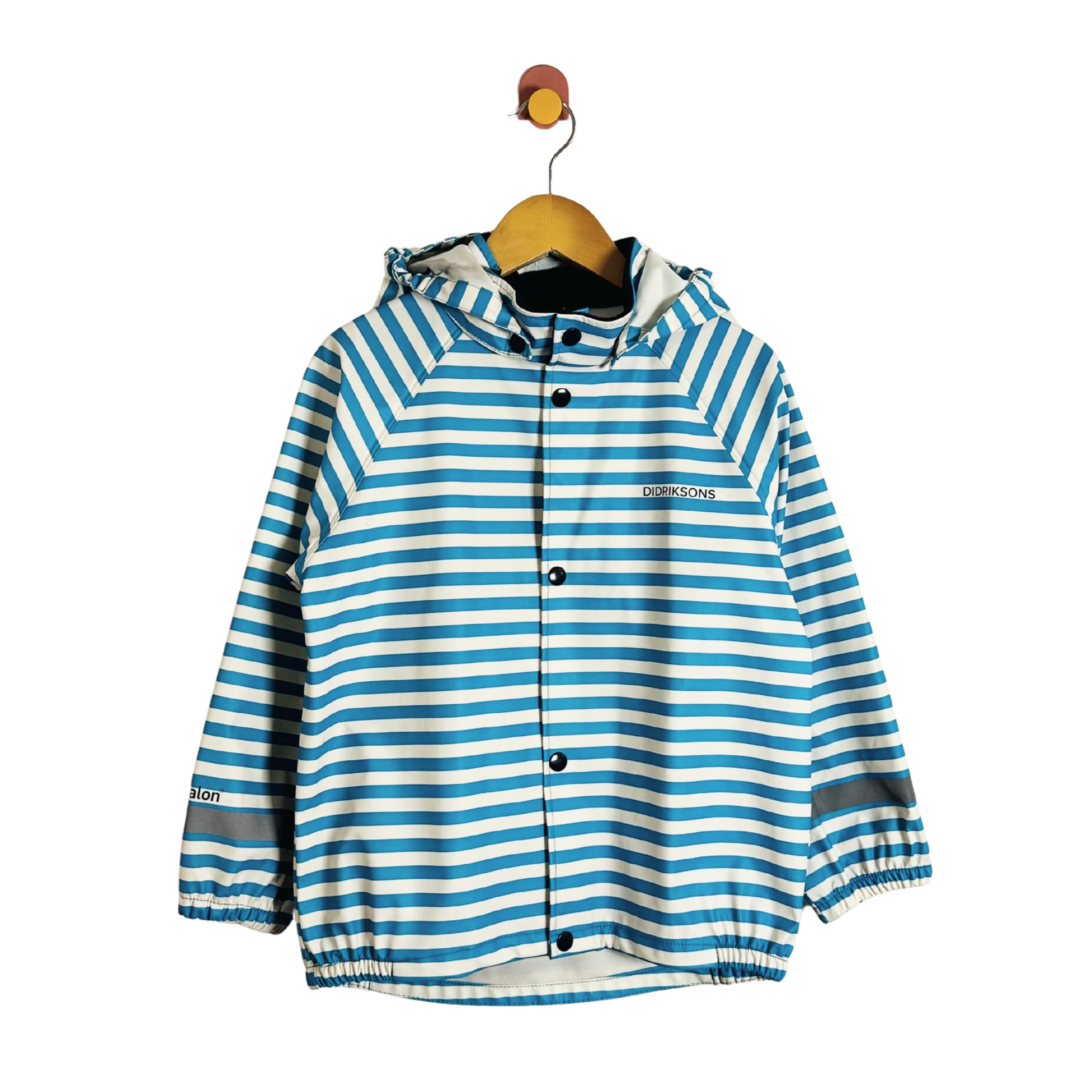 Blue and white striped raincoat on a hanger against a white background