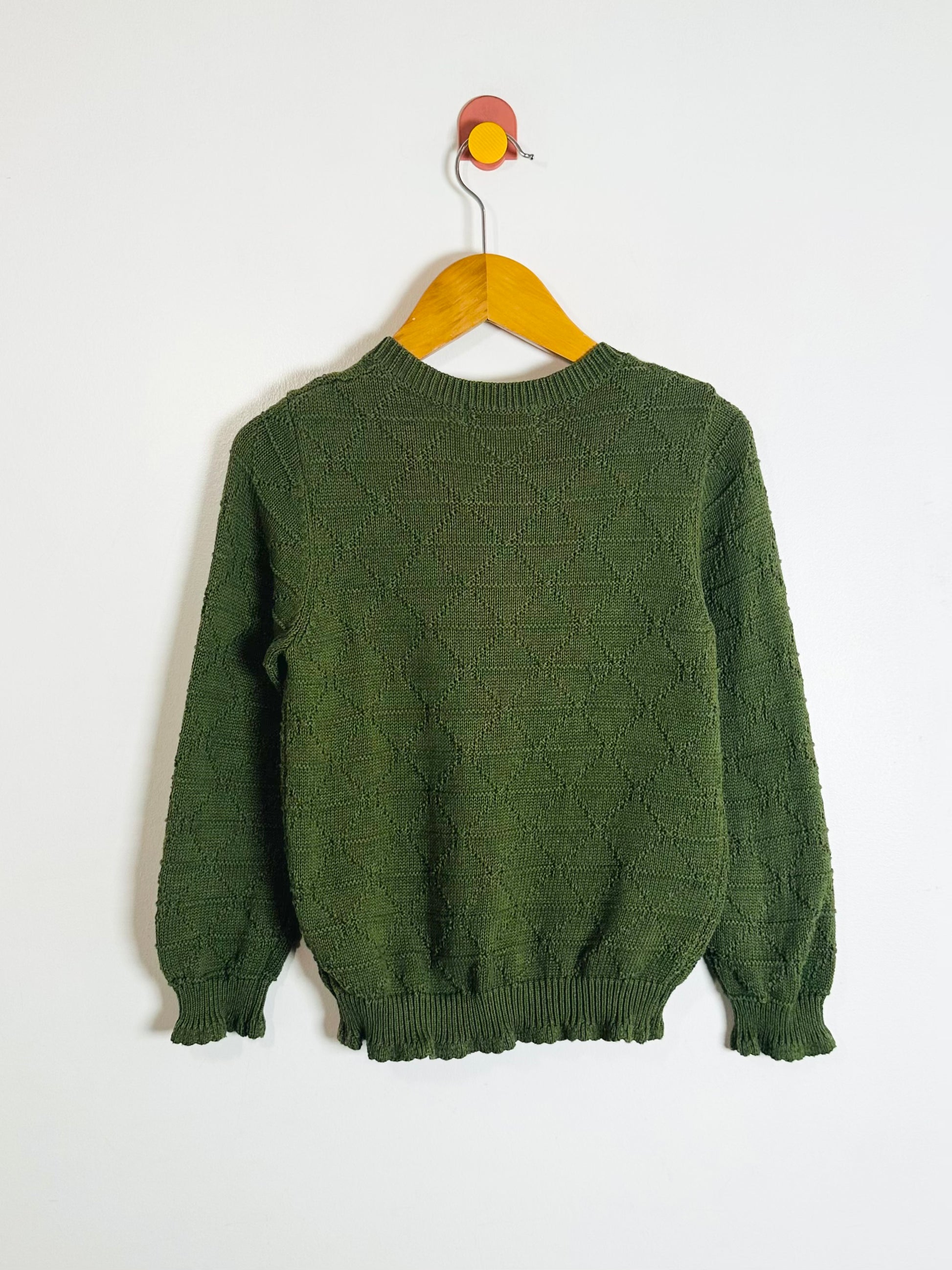 Green sweater on a wooden hanger against a white background