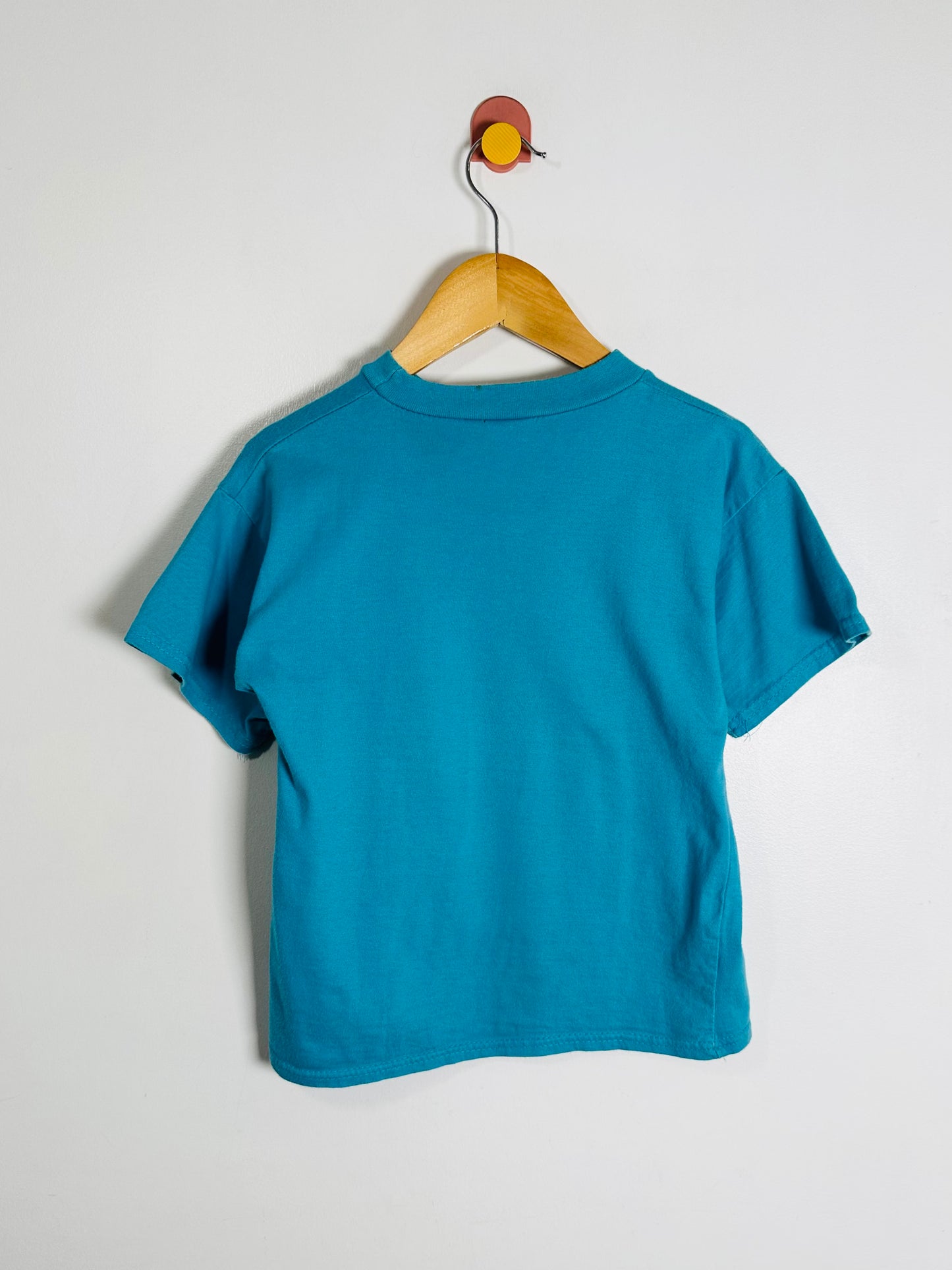Blue t-shirt on a wooden hanger against a white background