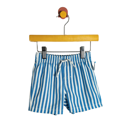 Blue and white striped shorts on a hanger against a white background