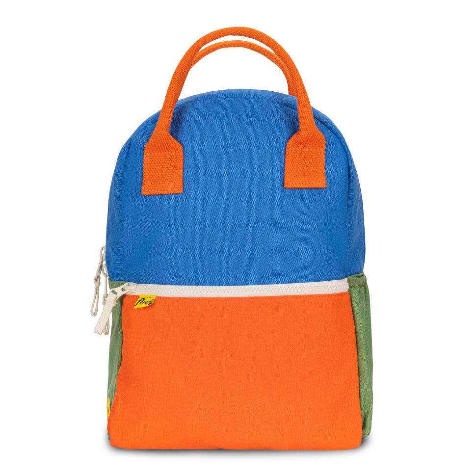 Blue and orange backpack with a white zipper on a white background
