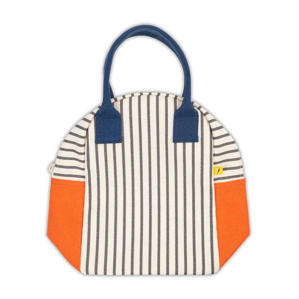 Striped tote bag with orange accents on a white background