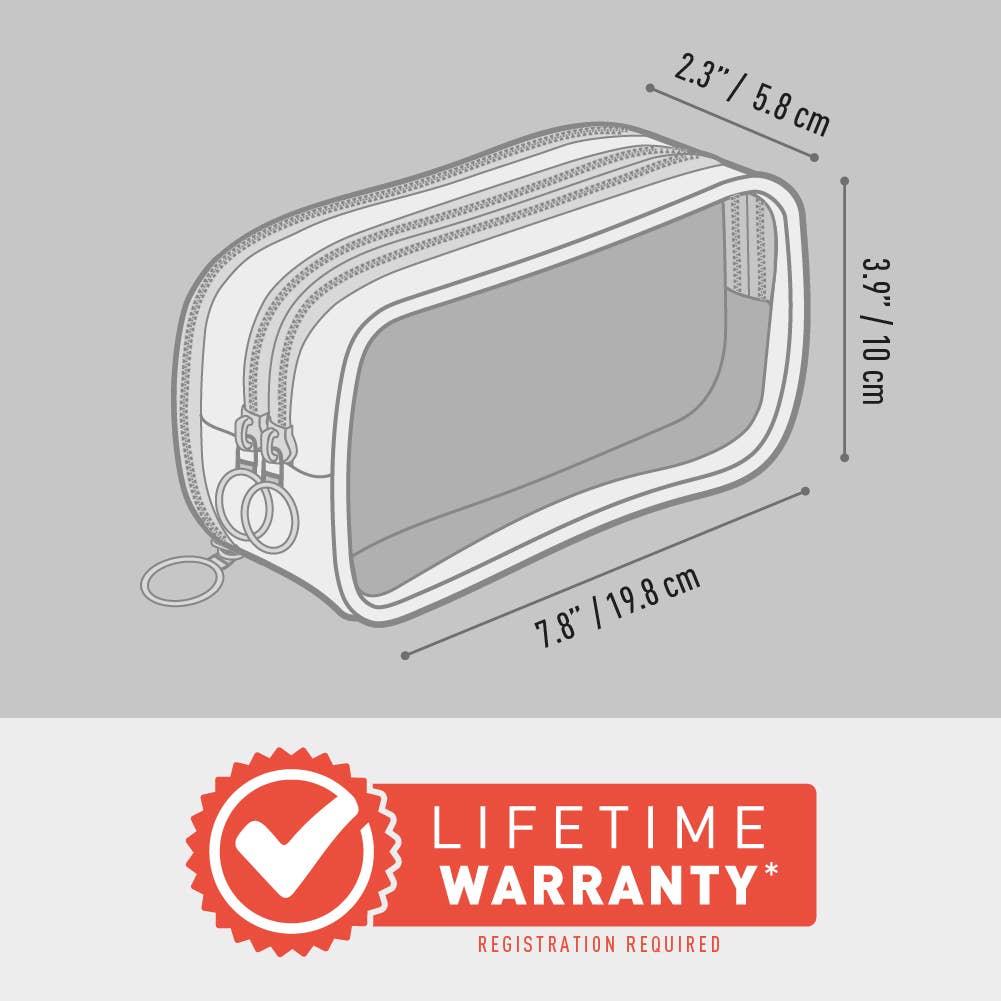 Measurement chart of a pouch with dimensions and a lifetime warranty badge on a gray background