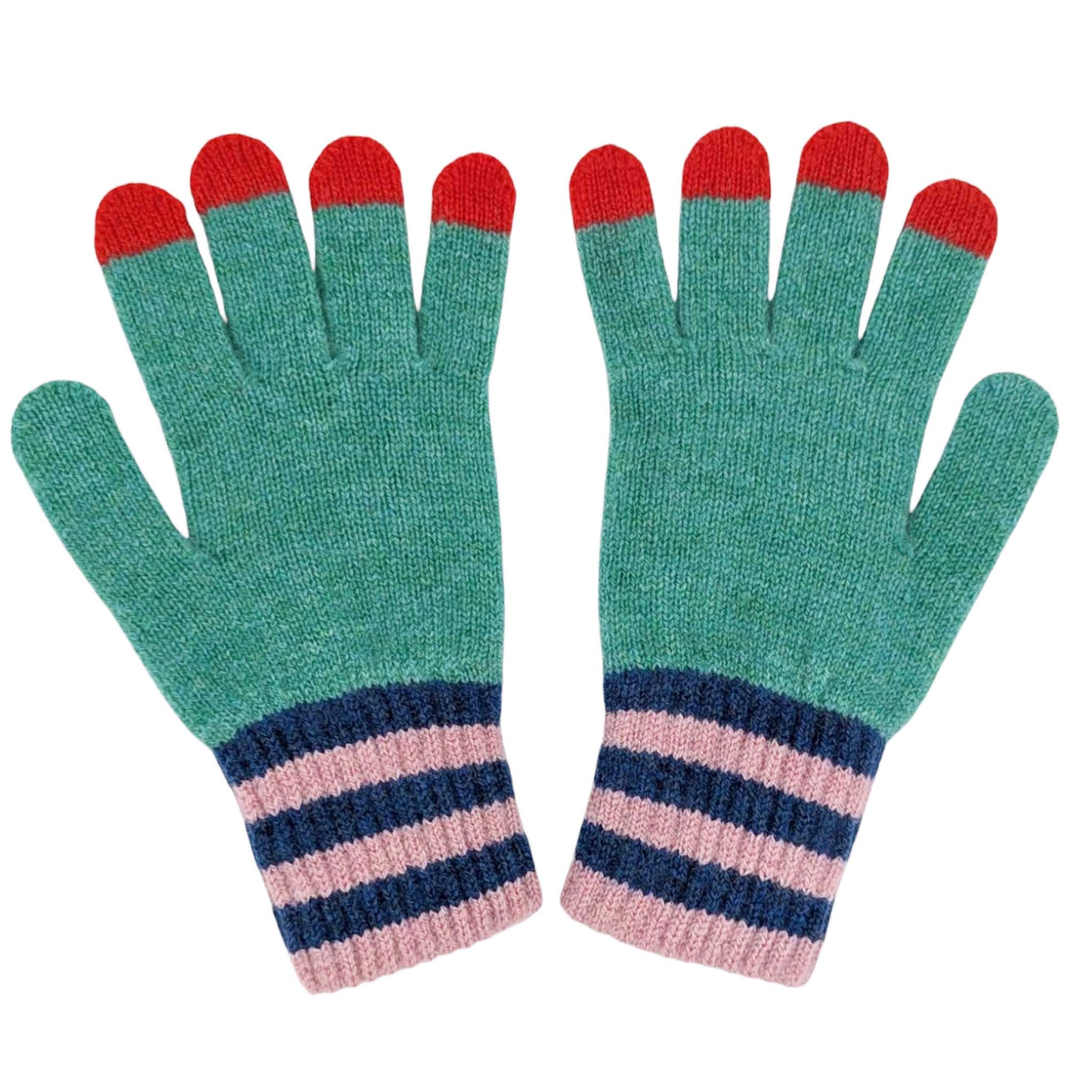 Pair of green gloves with red tips and striped cuffs on a white background