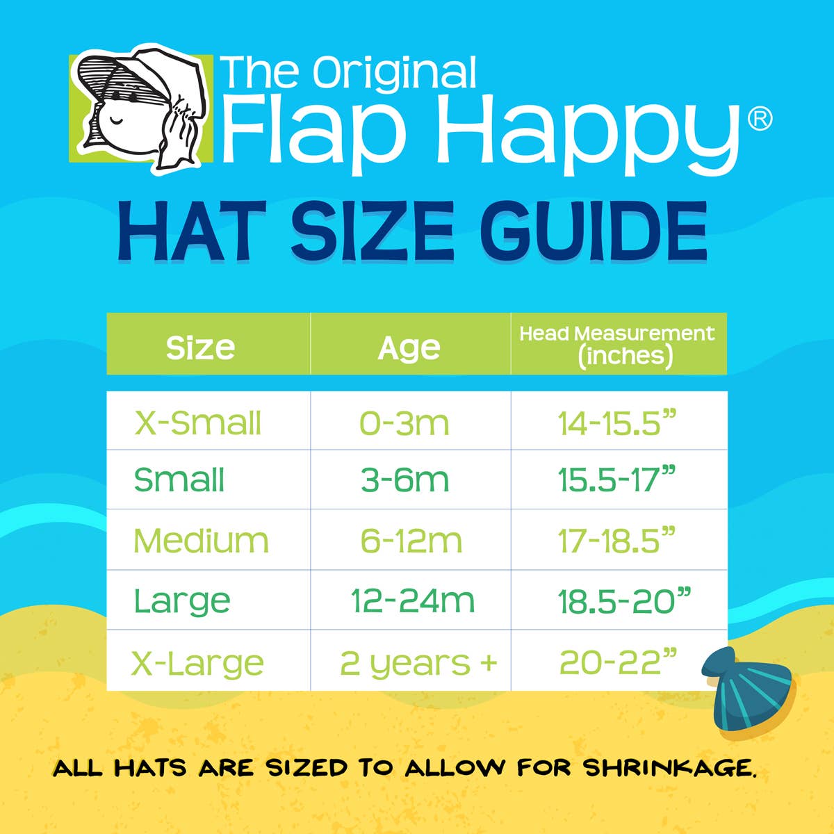 Flap Happy hat size guide with a blue and yellow gradient background