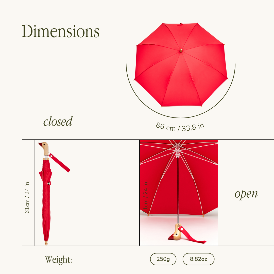 Red umbrella with dimensions labeled for closed and open states, weight, and a white background.