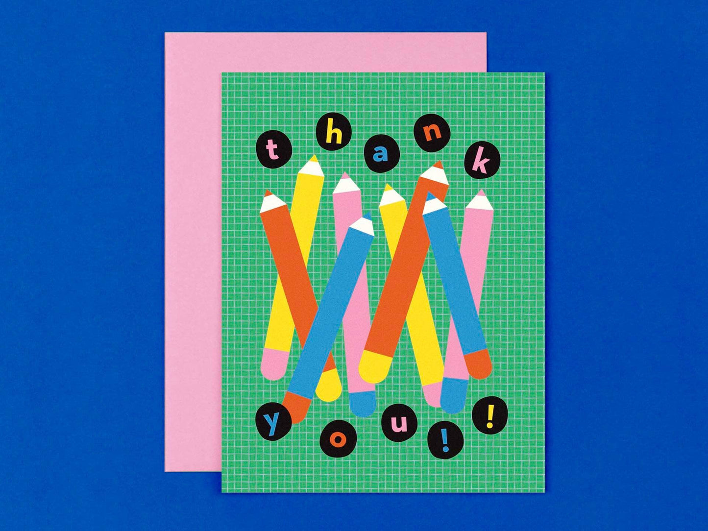 Colorful card with pencils and 'thank you!' text on a blue background