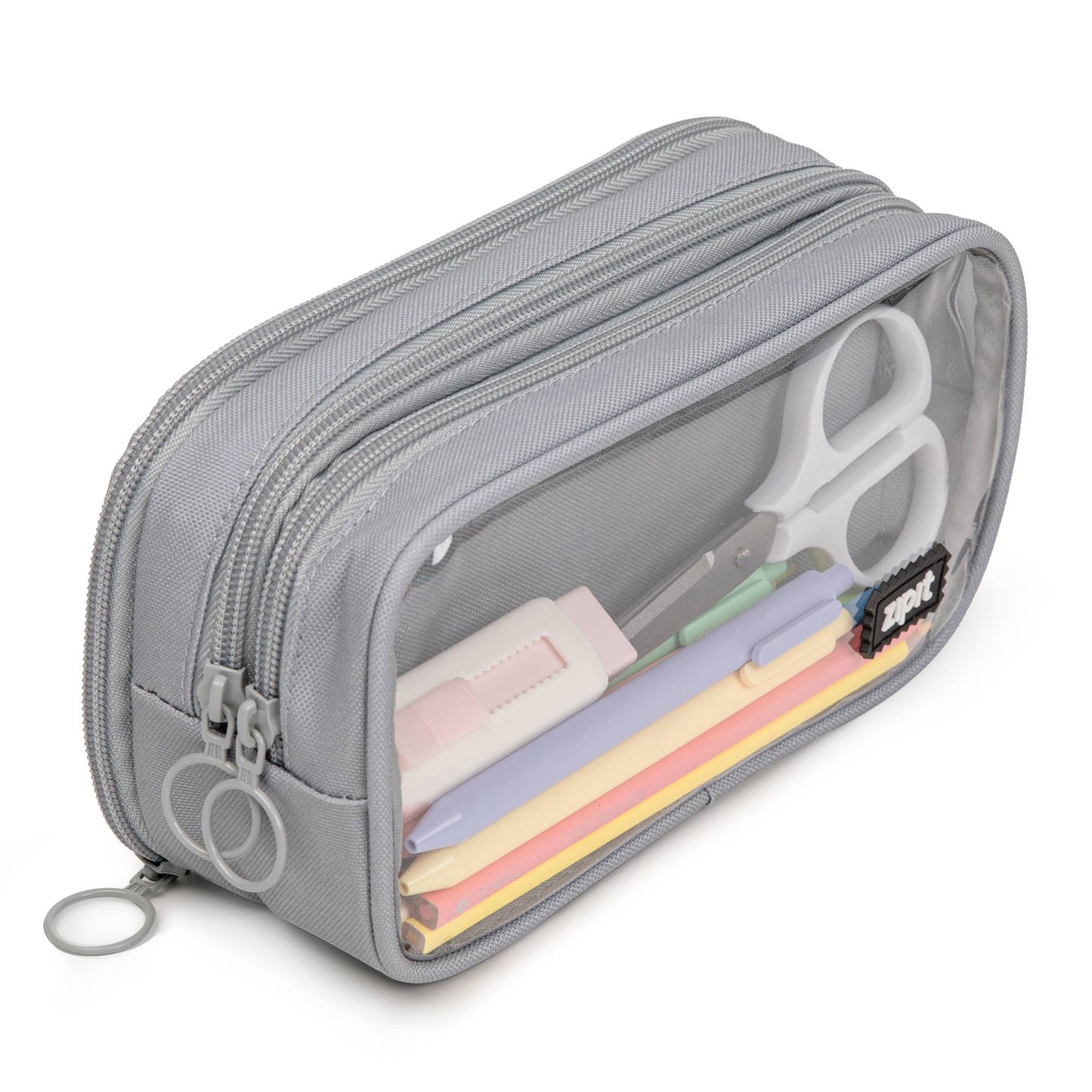 Gray pencil case with stationery items on a white background
