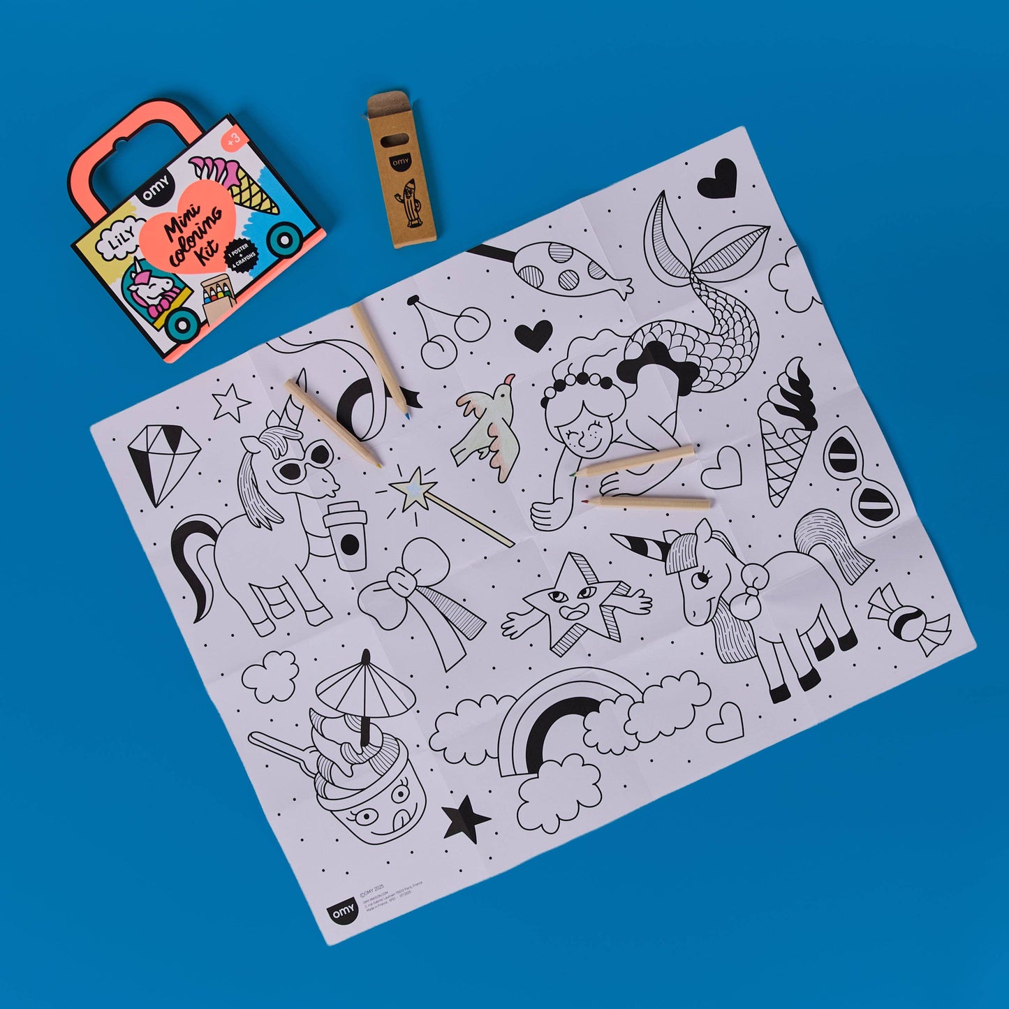 Coloring book with black line art on a blue background