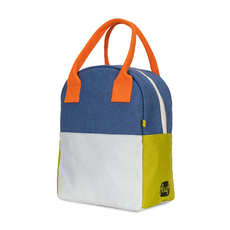 Color-blocked bag with orange, blue, white, and yellow sections on a white background