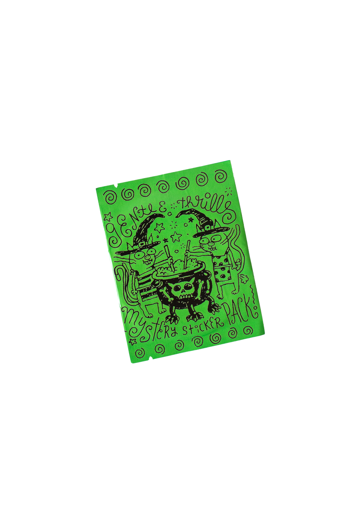 A bright green rectangular card or sticker featuring a black hand-drawn witch illustration with a cauldron, hat, and the words 'Halloween' and 'Happy Halloween!'.