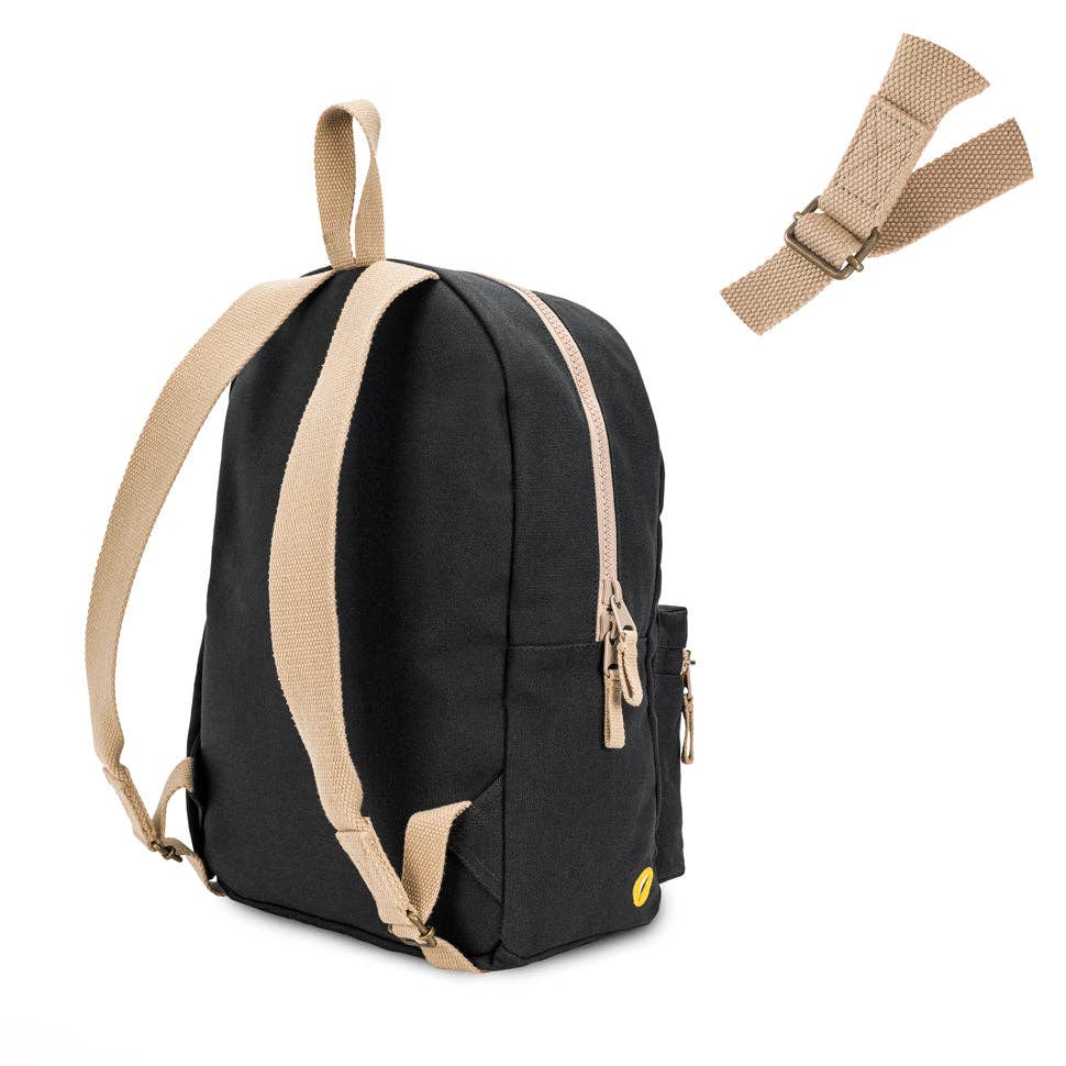 Black backpack with beige straps on a white background