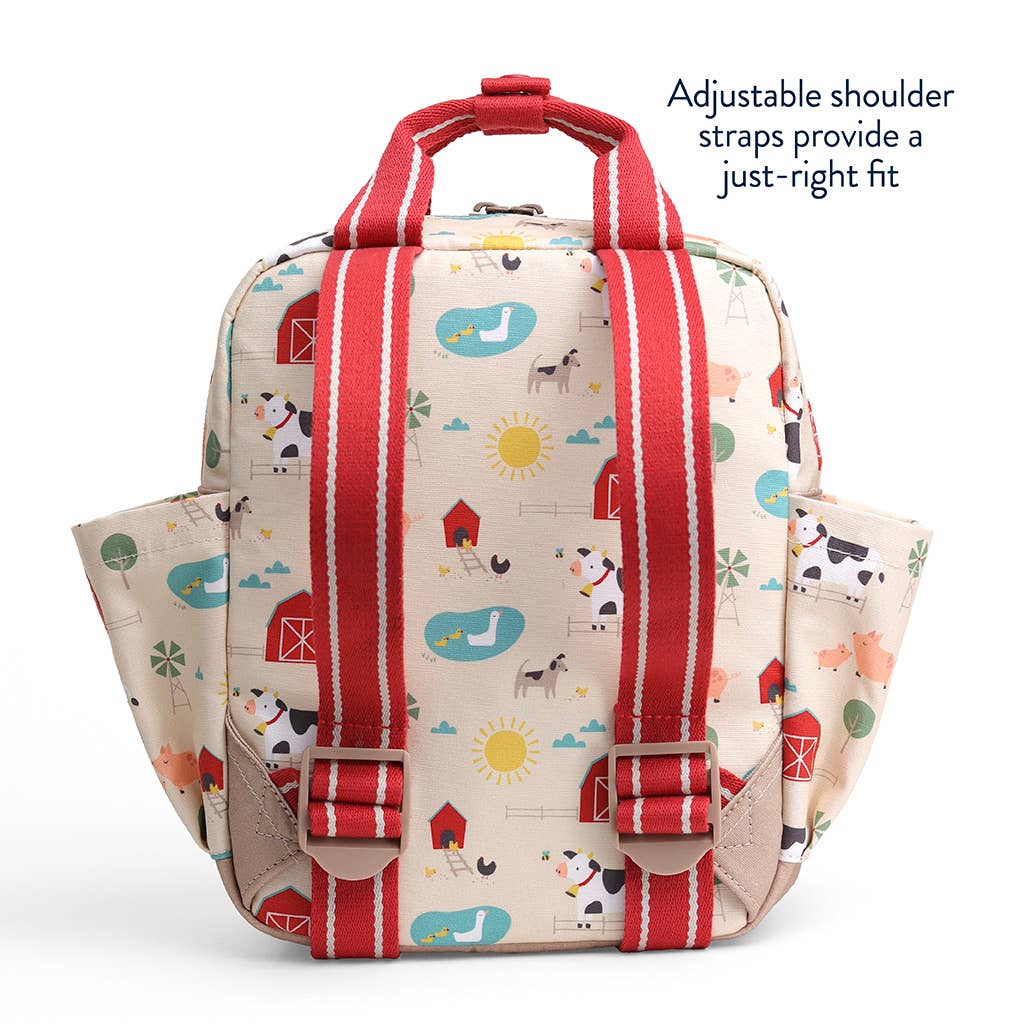 Backpack with farm-themed design and red straps on a white background