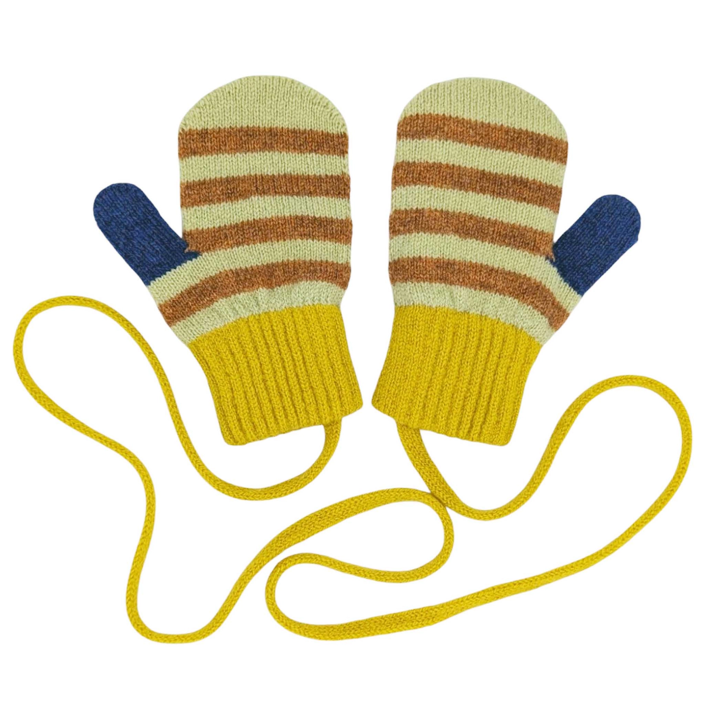 Pair of striped mittens with a yellow strap on a white background