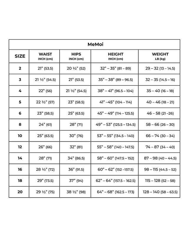 Size chart for MeMoi clothing with measurements in inches and centimeters.