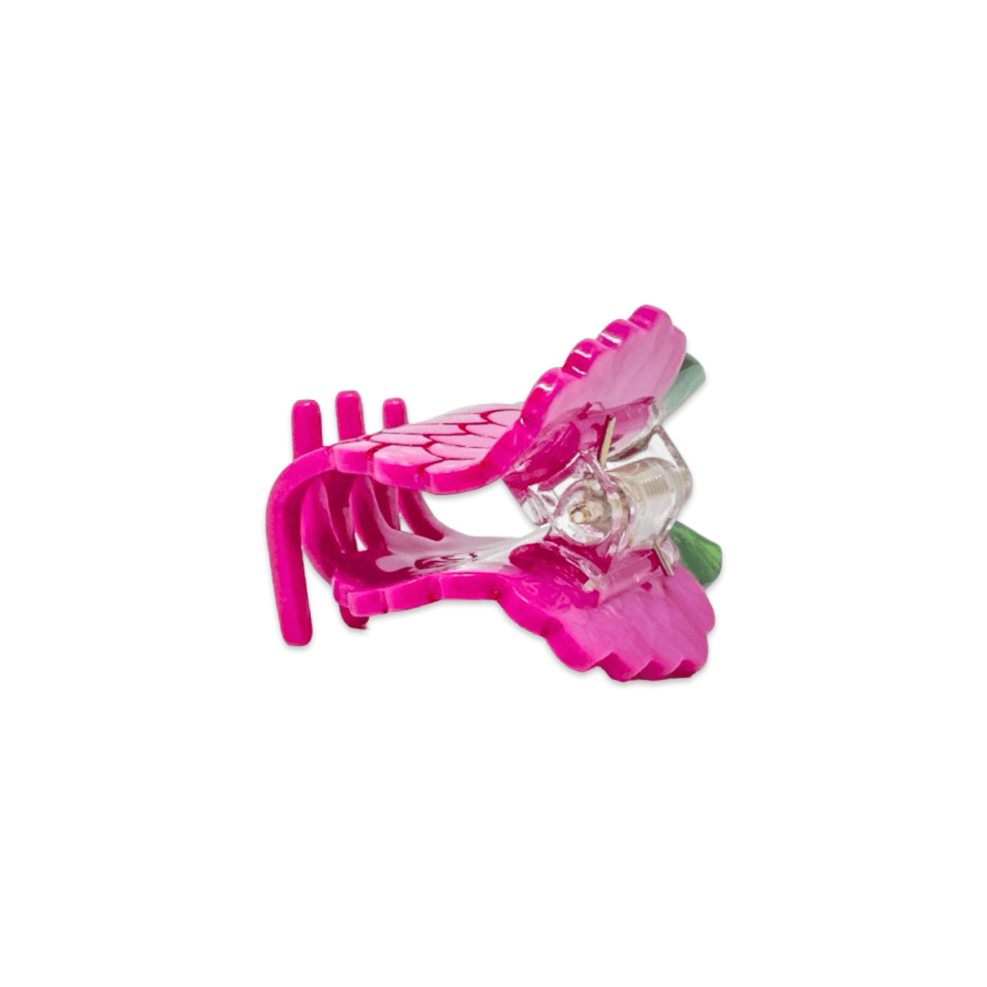 Pink hair clip with a clear center on a white background