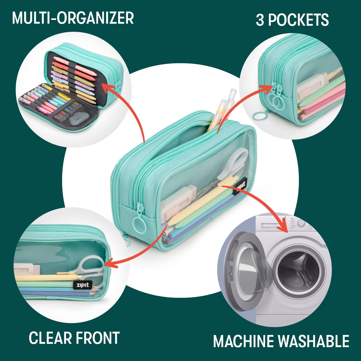 Multifunctional organizer with clear front, three pockets, and machine washable feature on a green background.