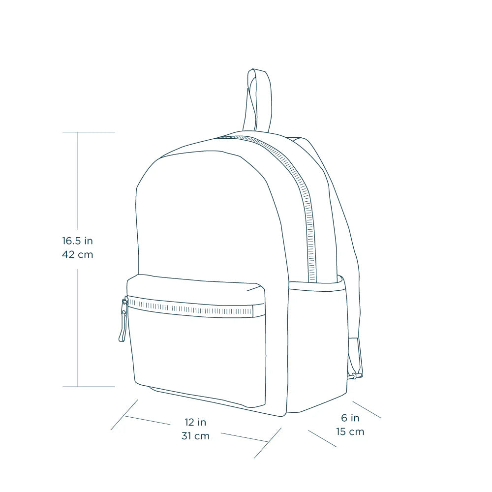 Line drawing of a backpack with dimensions labeled