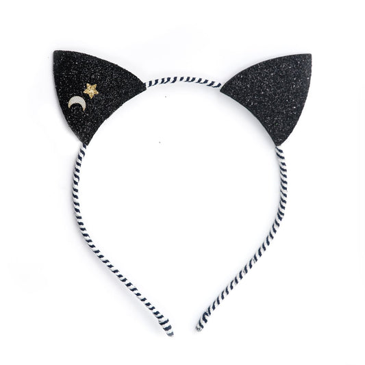 Black glitter cat ear headband with a star and moon detail on a white background