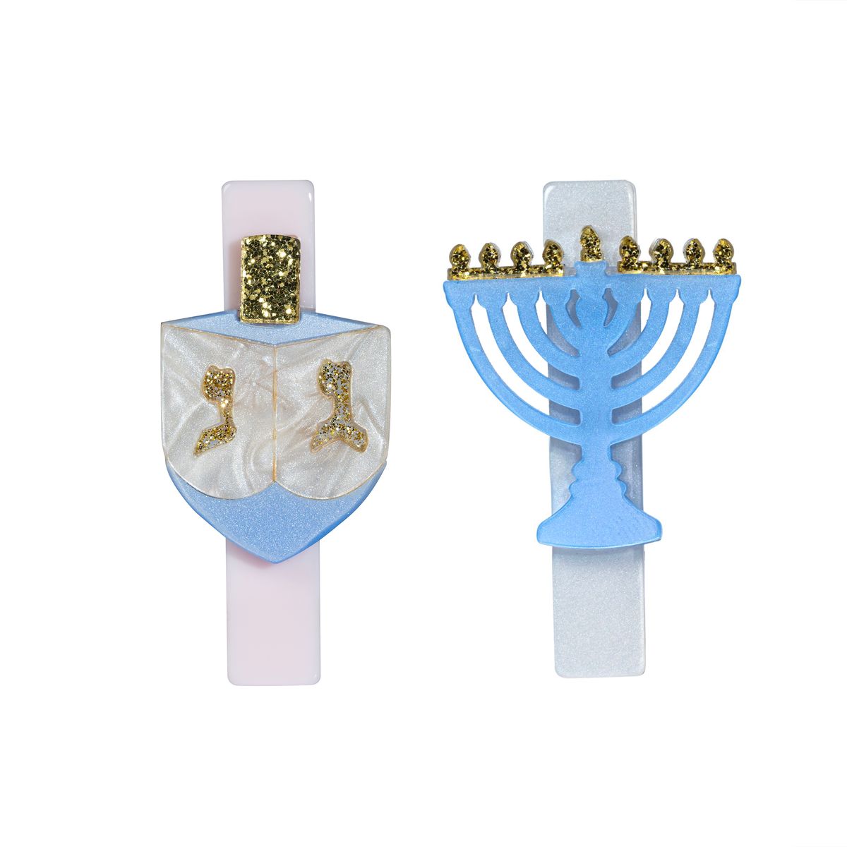 Lilies & Roses Menorah Dreidel Blue Hair Clips