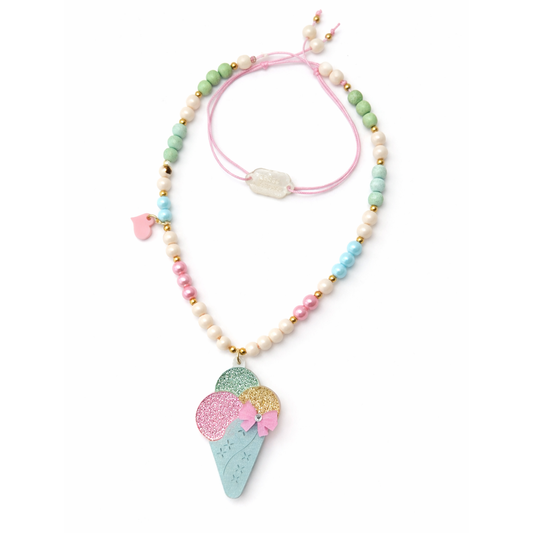 Necklace with ice cream cone pendant and colorful beads on a white background
