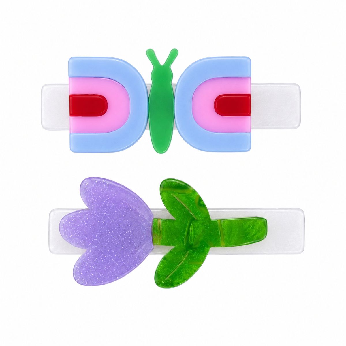 Two colorful hair clips on a white background. The top clip is shaped like a butterfly with light blue outer wings, pink inner sections, a red center, and a green antennae detail.