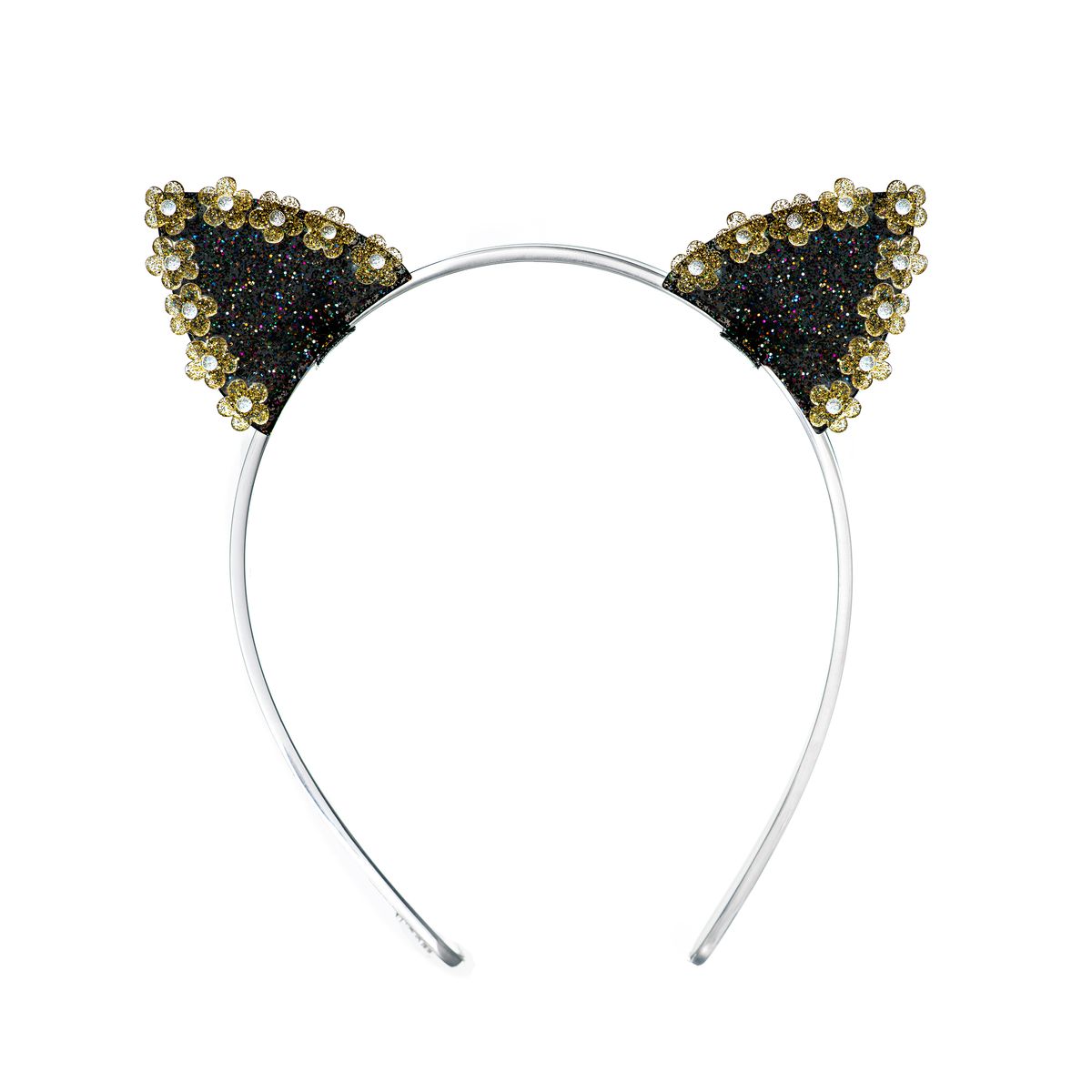 A cat-ear headband featuring two triangular ears covered in black glitter and decorated with rows of small gold and clear rhinestones, shown on a plain white background.