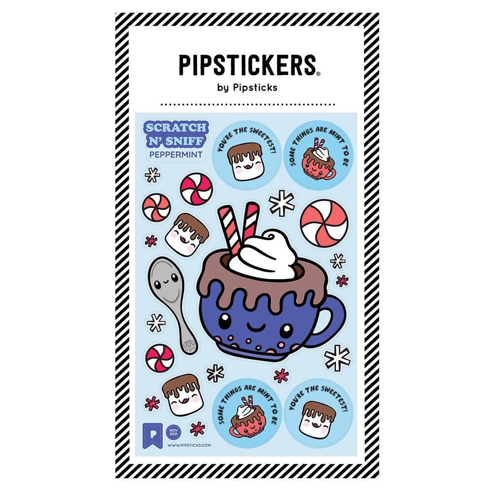 Pipstickers packaging with a cup of hot chocolate and candy design on a white background