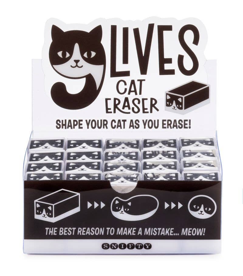 Cat-shaped erasers in a display box with text and a cat illustration.