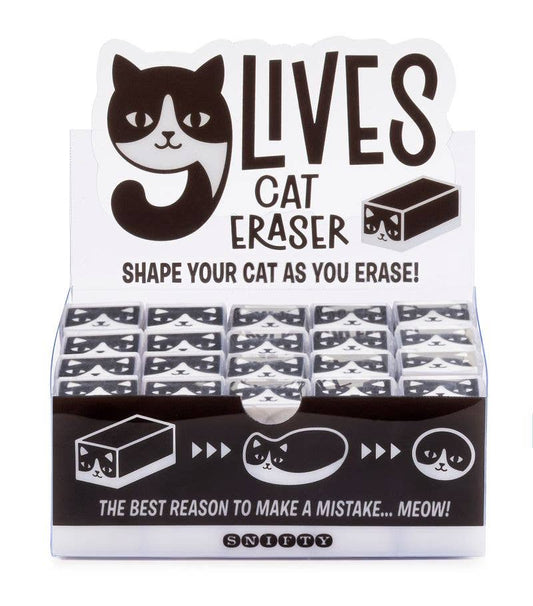Cat-shaped erasers in a display box with text and a cat illustration.