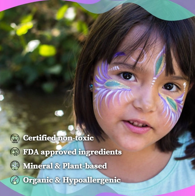 Child with face paint against a natural background, featuring product certification text.