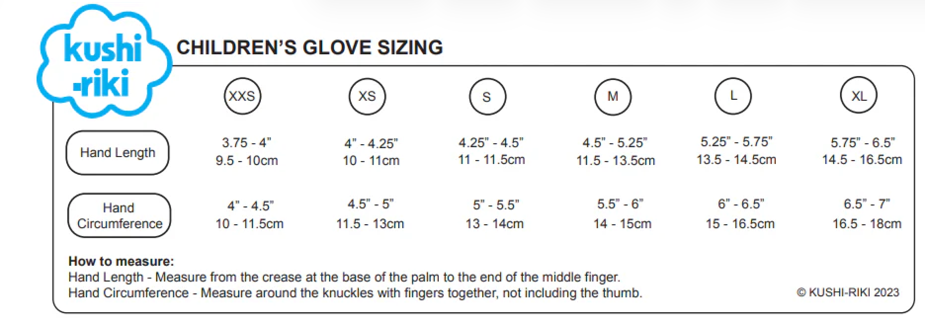 Children's glove sizing chart by Kushi Riki with hand length and circumference measurements.