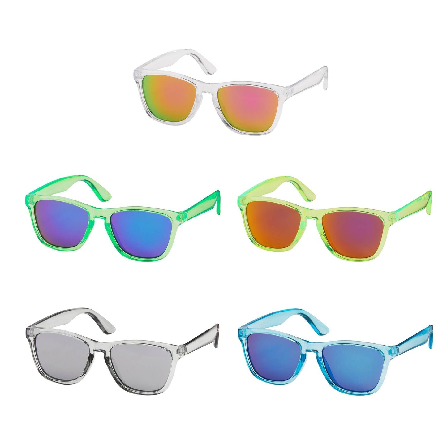 Five pairs of sunglasses with different colored lenses on a white background