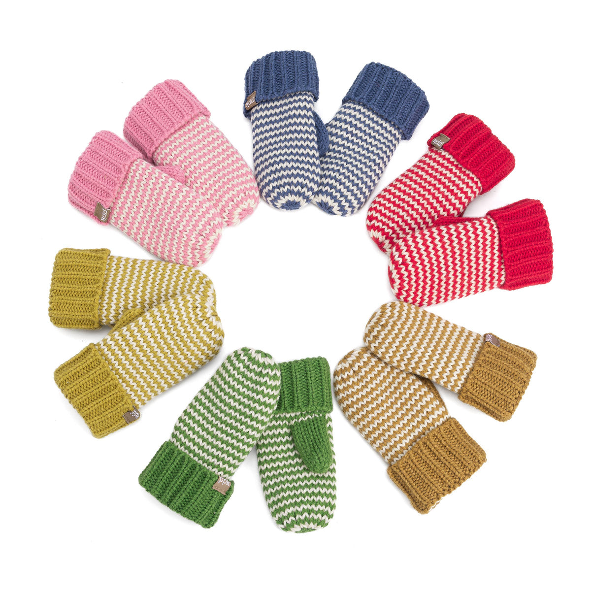 Eight pairs of hand-knit baby mittens arranged in a circular pattern on a white background. The mittens come in multiple colors and patterns, including pink and white, blue and white, red and white, yellow and white, green and white, beige and white, and tan and white.