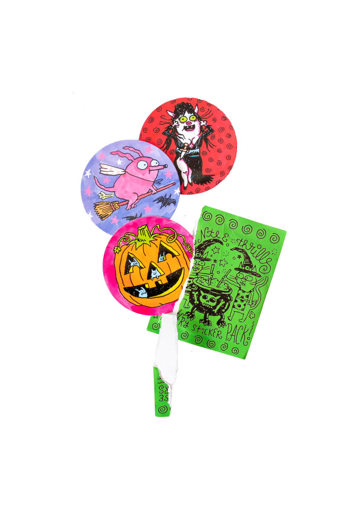 A Halloween-themed lsticker set featuring three round lollipops with jack-o'-lantern, witch, and pink bunny designs, alongside a green foil stamp pack with spooky illustrations.