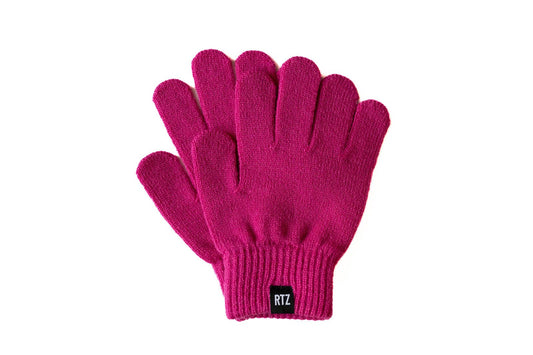Pair of pink gloves with a small black label on a white background
