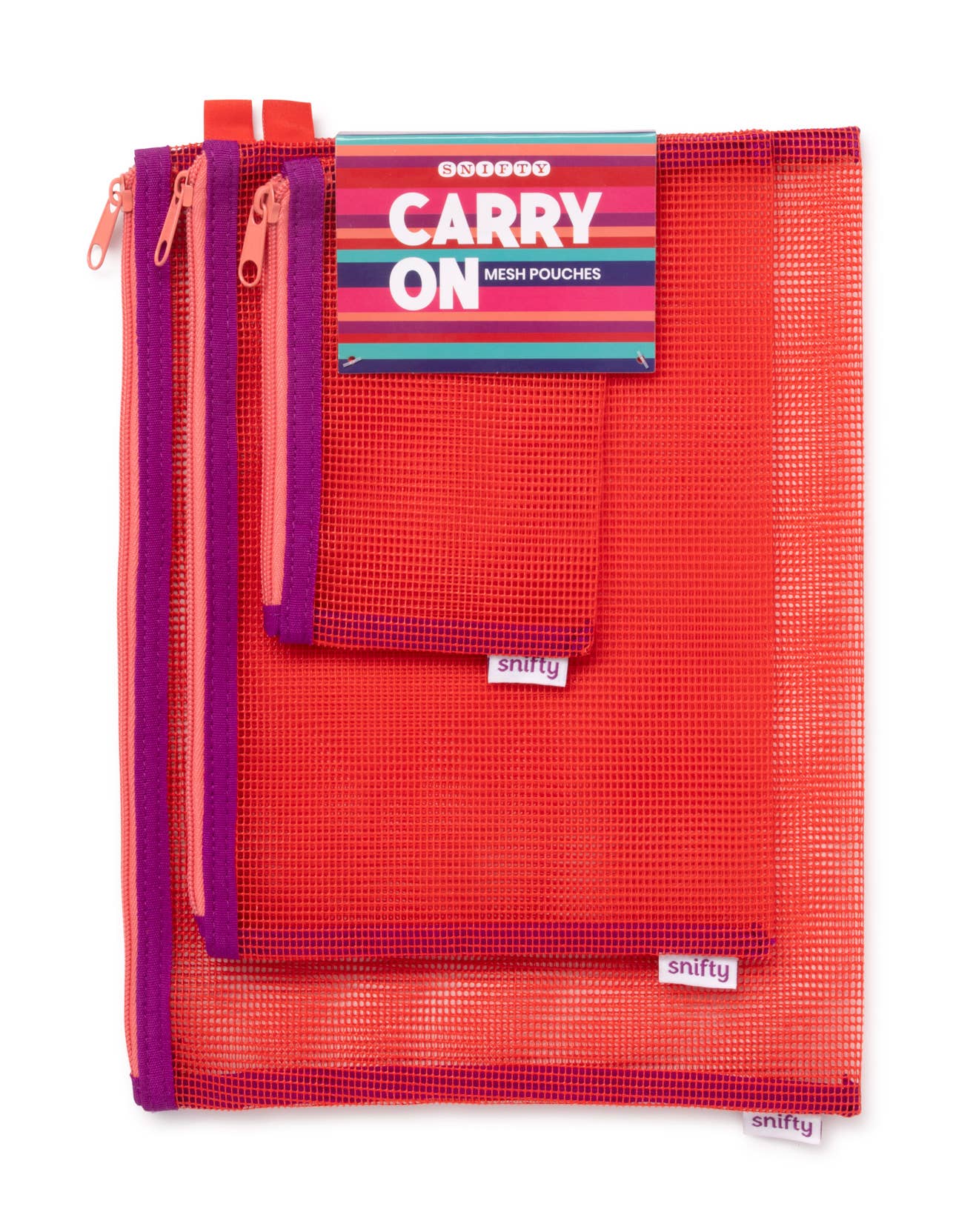 A set of Snuffy mesh carry-on pouches in bright red and purple, with a colorful 'CARRY ON' product tag attached to the top zipper, shown on a plain white background.