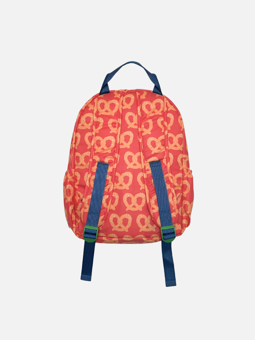 A red backpack with a repeating yellow pretzel pattern and navy blue straps, shown from the back against a light gray background.