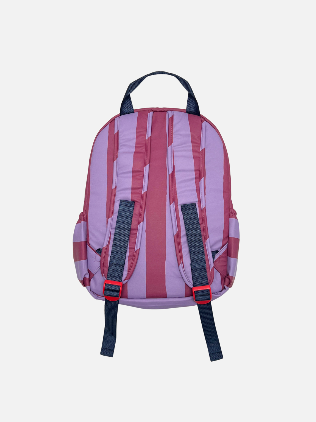 A pink and purple striped backpack with dark navy straps and red buckle details, shown from the back on a light gray background.