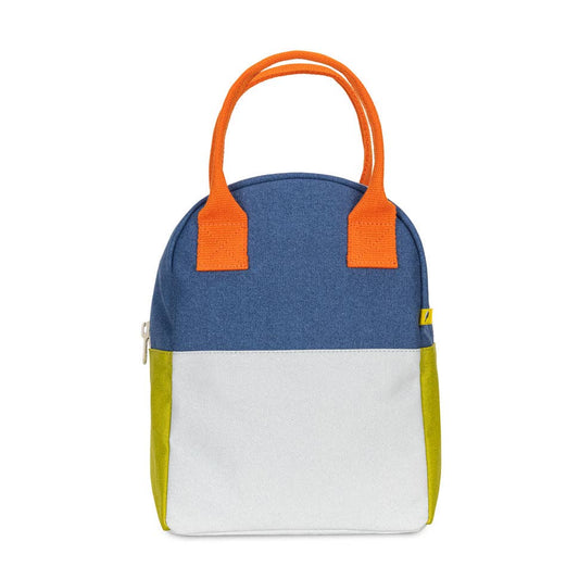 Multicolored bag with orange handles on a white background