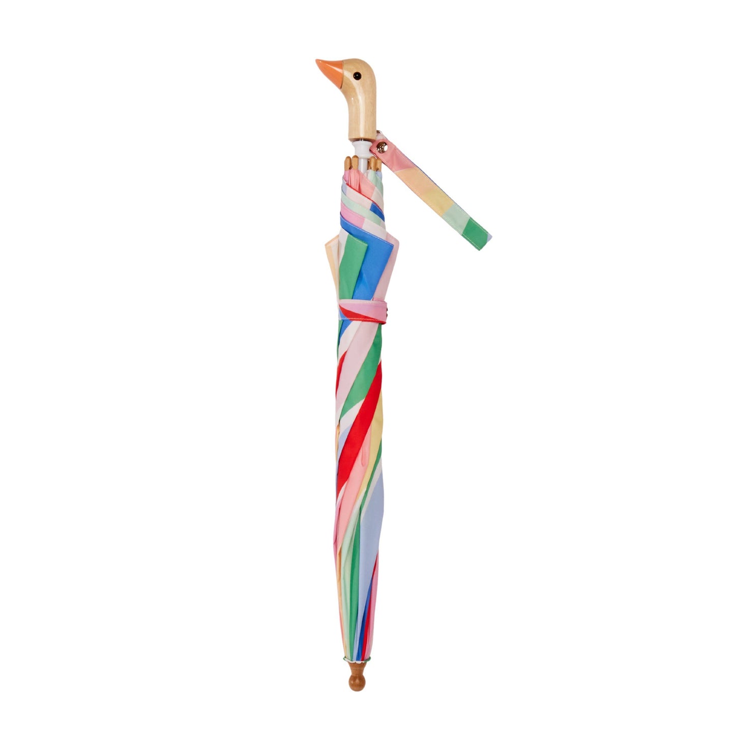 Colorful striped umbrella with a wooden handle on a white background