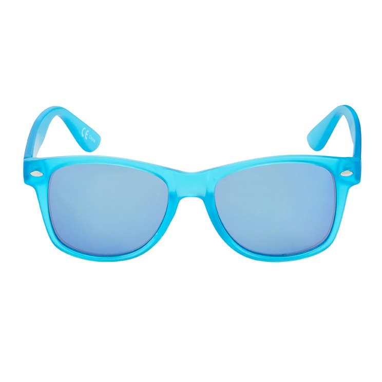 Blue sunglasses with a white background