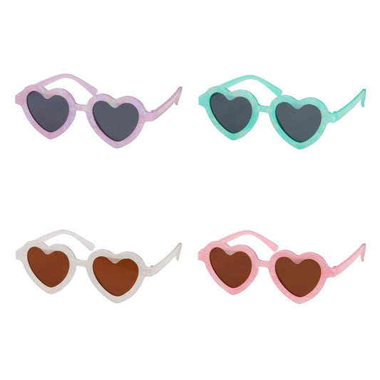 Four pairs of heart-shaped sunglasses in different colors on a white background