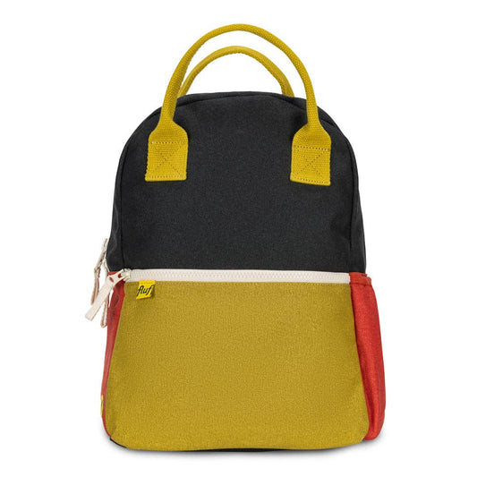Multicolored backpack with black, yellow, and red sections on a white background