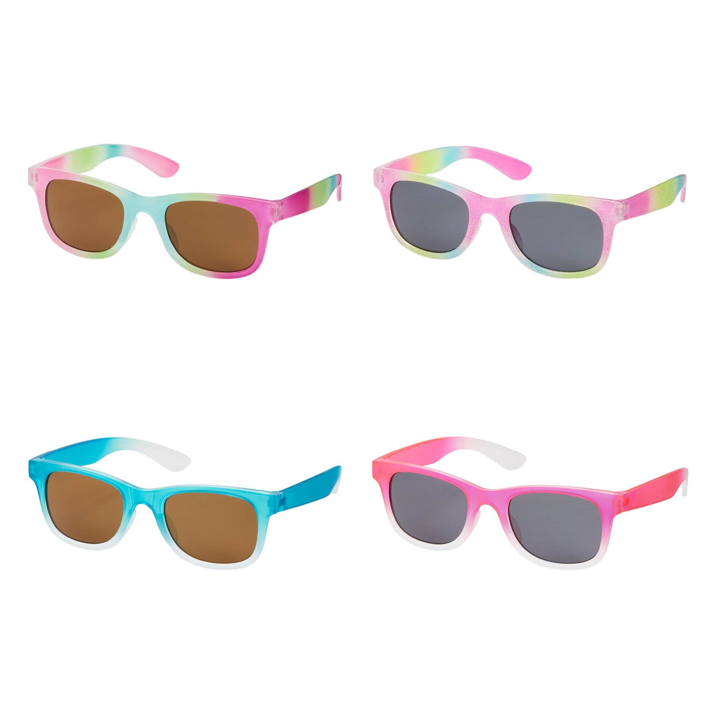 Four pairs of colorful sunglasses on a white background