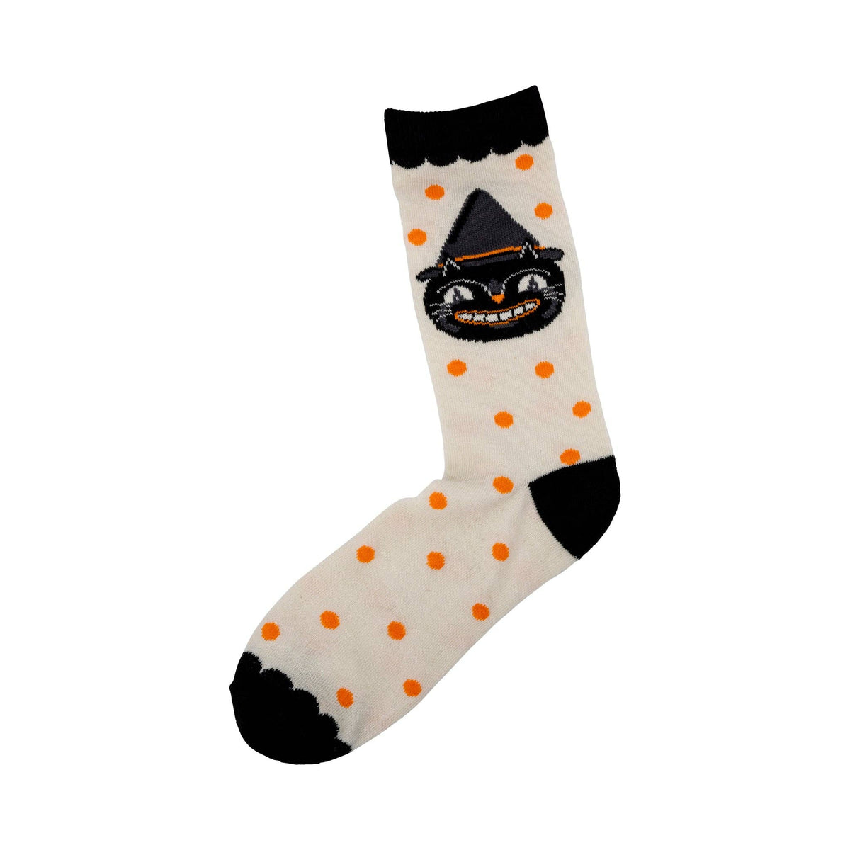 Sock with a cat design and orange polka dots on a white background