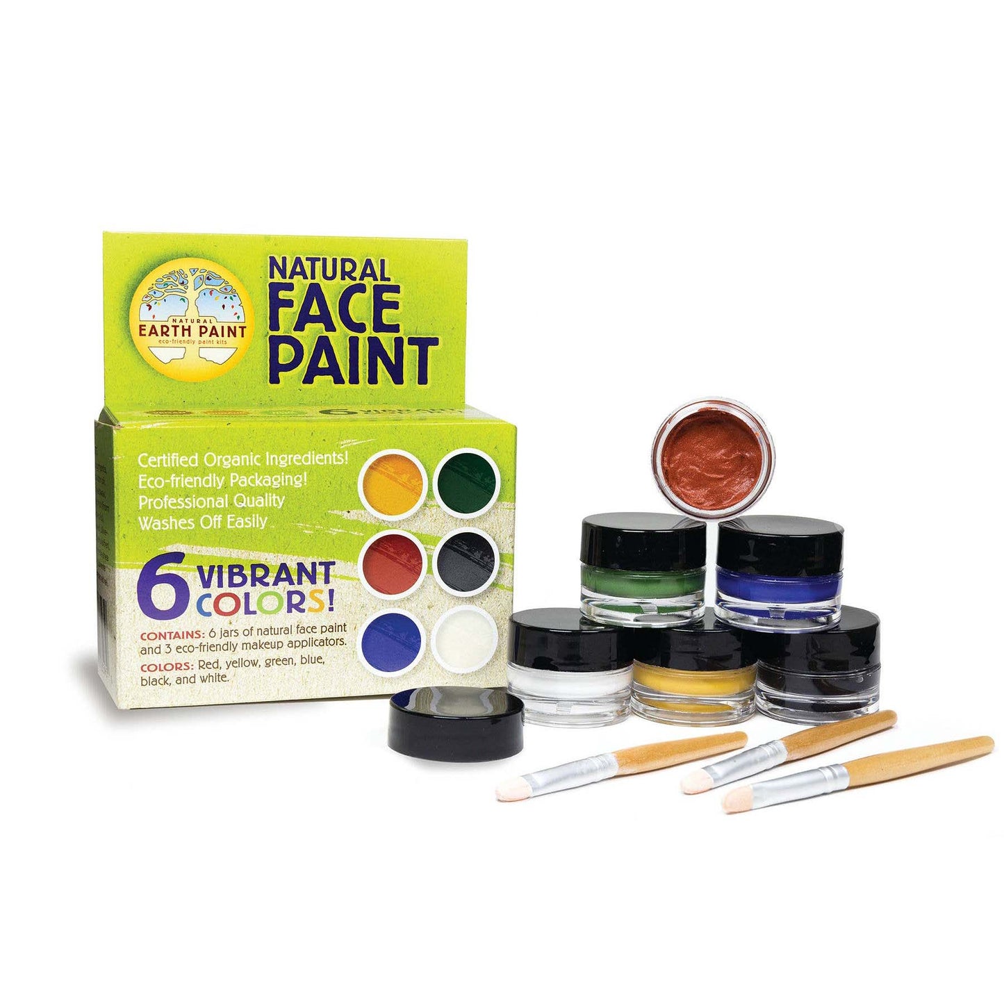 Earth Paint natural face paint set with jars of paint and brushes on a white background
