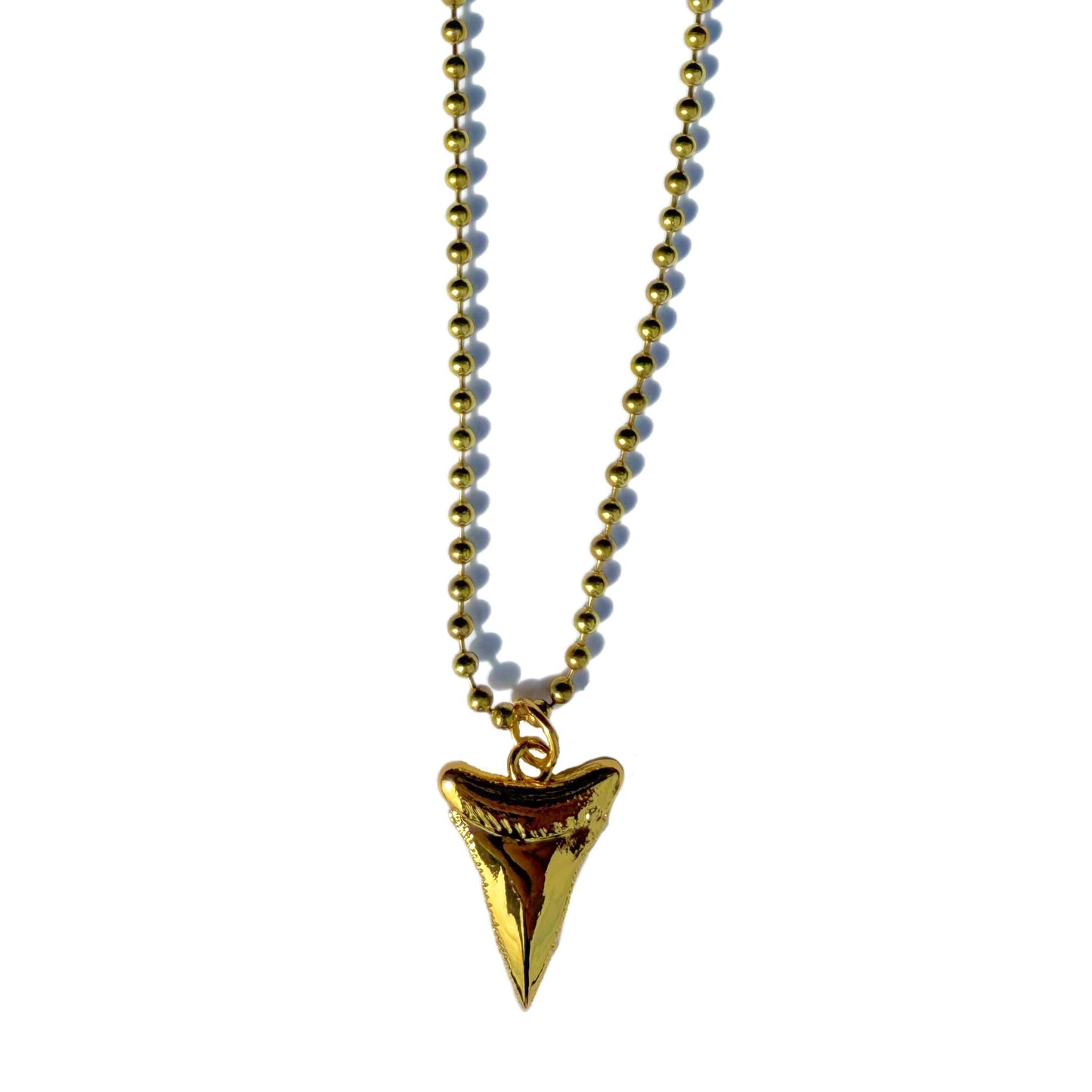 Necklace with a gold shark tooth pendant on a white background